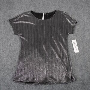 NY Collection‎ Women's Metallic Silver Pleated Short Sleeve Top